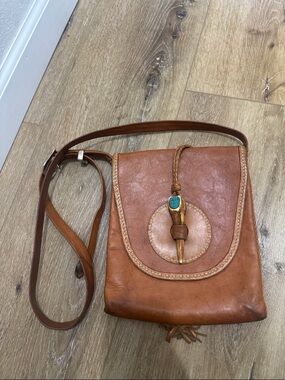 Vintage handmade Leather Crossbody Bag with turquoise accents!